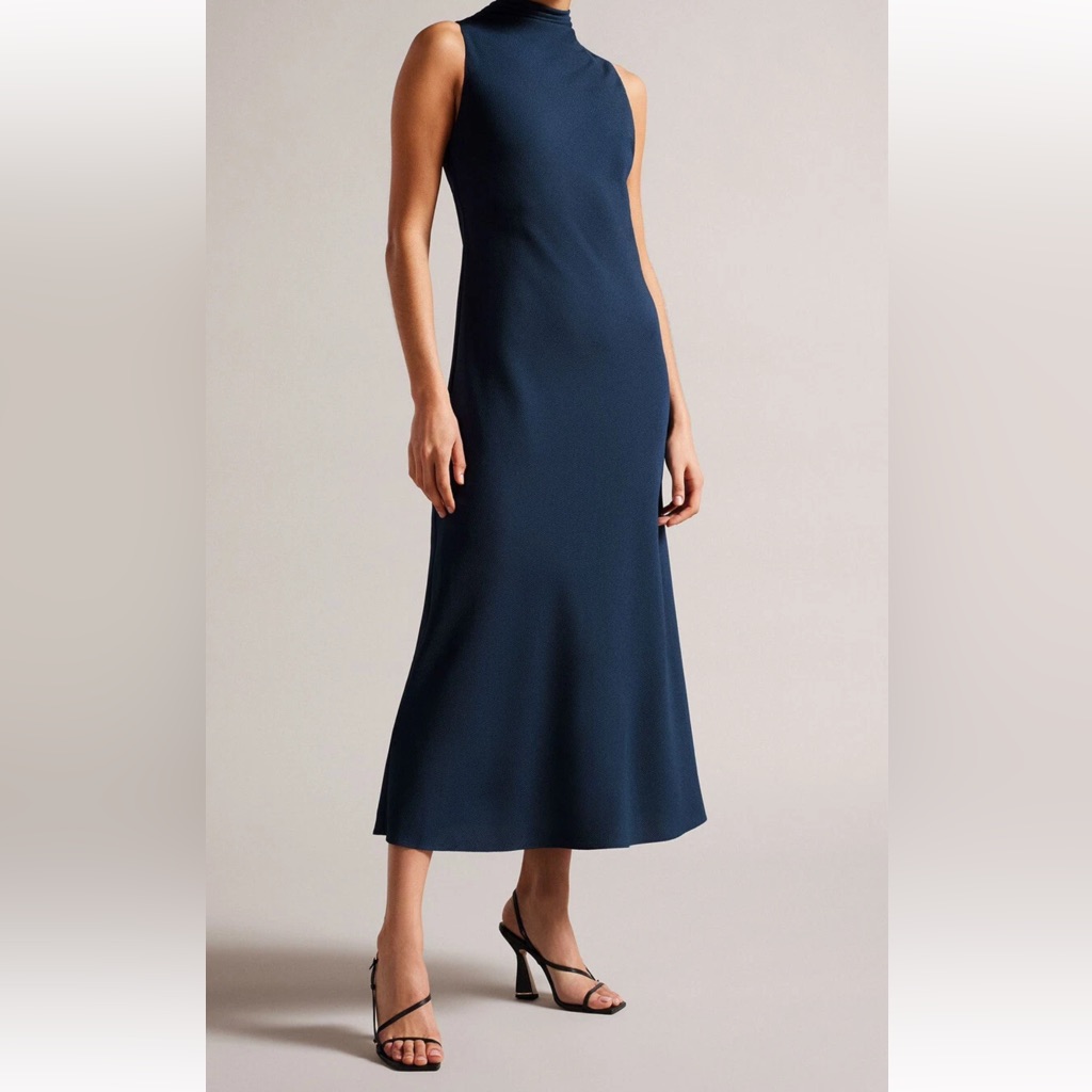 Ted Baker Blue Sheath Midi Dress Mock Neck Sleeveless